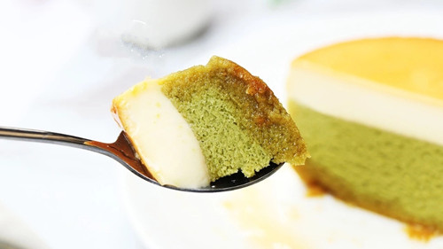 Matcha Caramel Pudding Cake - The cut is very cute - Cheersonic